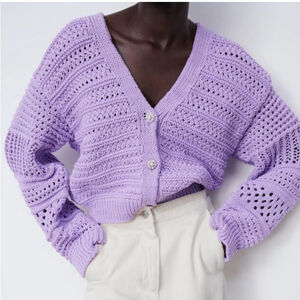 Zara Lilac Knit Cardigan With Faux Pearl Buttons Size M
